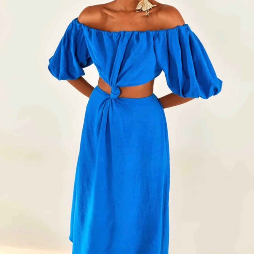 FARM Rio Blue Off-Shoulder Midi Dress